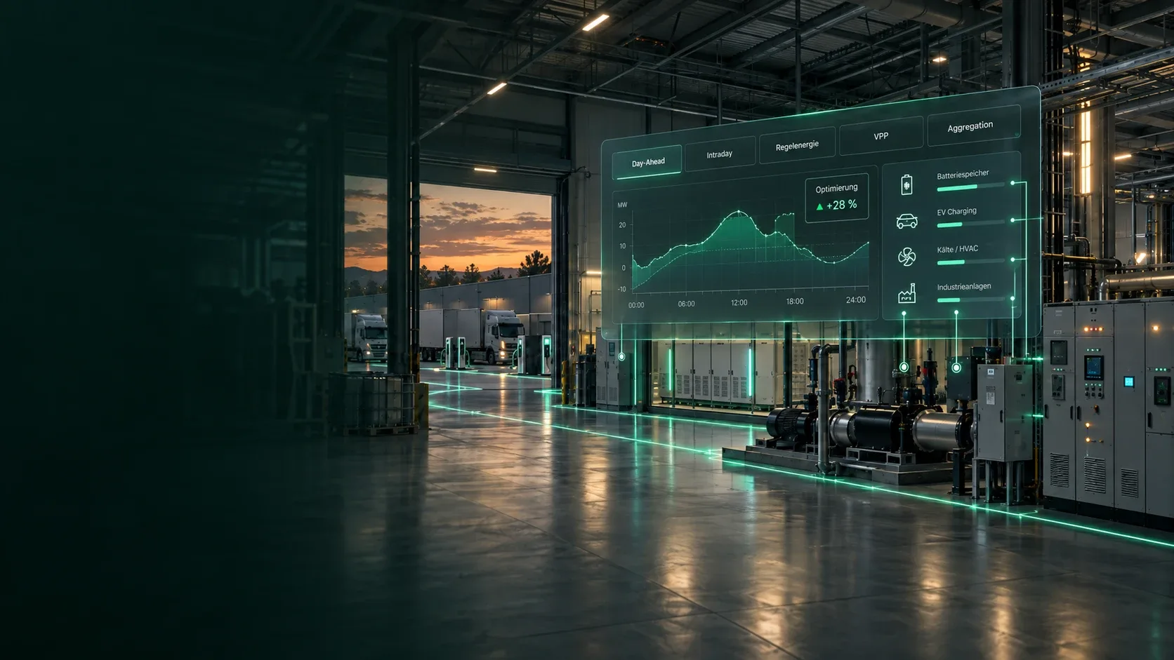 Industriehalle in der Dämmerung mit Batteriespeicher, Ladepunkten und Lkw; davor eine eingeblendete Marktansicht mit Day-Ahead, Intraday, Regelenergie, VPP und Aggregation