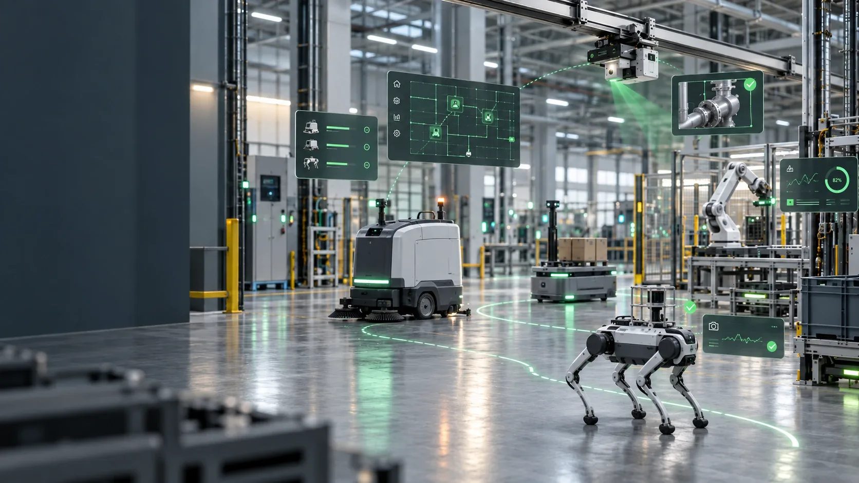 Helle Produktionshalle mit Reinigungsroboter, fahrerlosem Transportfahrzeug, Roboterhund und Roboterarm; eingeblendete Anlagen- und Inspektionsansichten